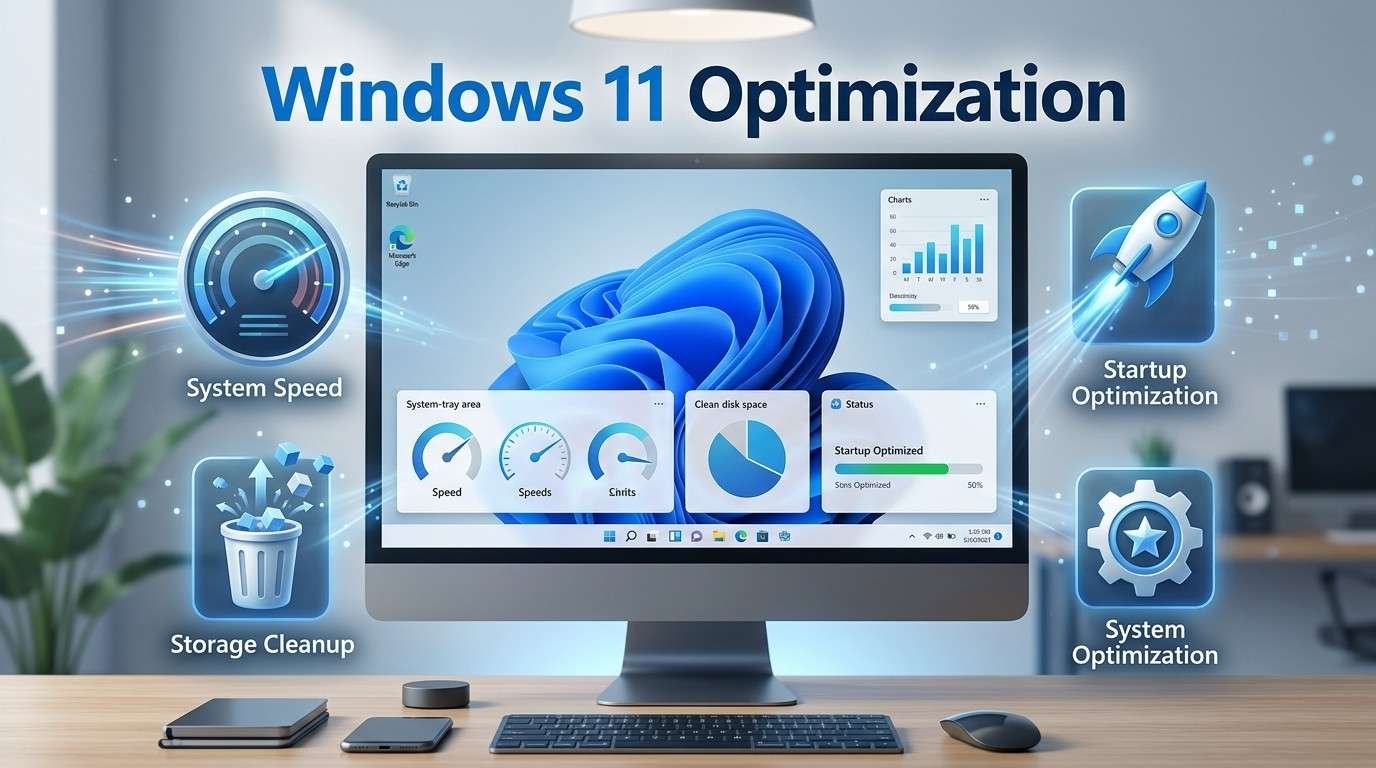 Modern desktop computer displaying Windows 11 performance metrics with glowing icons for speed, storage cleanup, and startup optimization