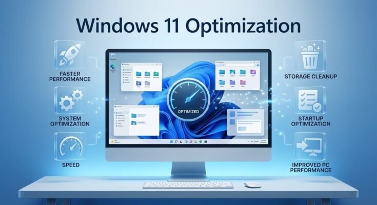 Windows 11 desktop setup showing system speed, storage cleanup, and PC optimization icons
