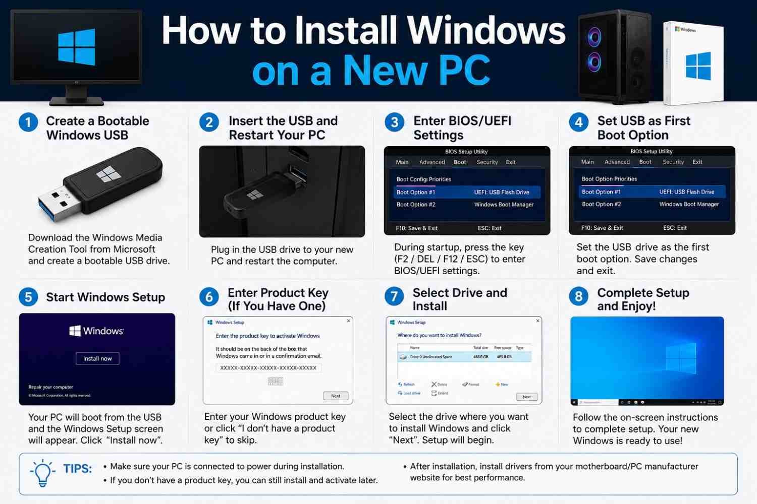 Step-by-step infographic showing how to install Windows on a new PC using a bootable USB drive, BIOS/UEFI settings, Windows Setup, product key, drive selection, and final setup.